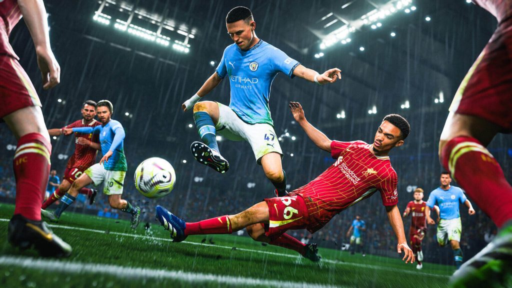l'immagine è la hero section del torneo giocato su FC25 e organizzato dalla Gaming Jam Session. L'immagine rappresenta un frame del videogioco FC25, dove un giocatore di una squadra fa un tackle al giocatore della squadra avversaria.