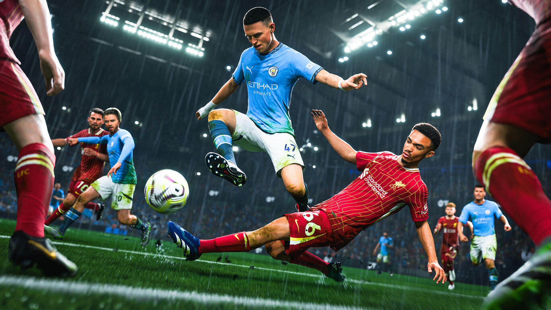 l'immagine è la hero section del torneo giocato su FC25 e organizzato dalla Gaming Jam Session. L'immagine rappresenta un frame del videogioco FC25, dove un giocatore di una squadra fa un tackle al giocatore della squadra avversaria.