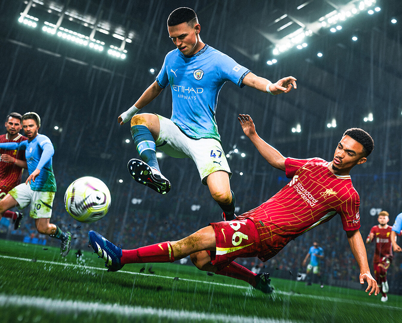 l'immagine è la hero section del torneo giocato su FC25 e organizzato dalla Gaming Jam Session. L'immagine rappresenta un frame del videogioco FC25, dove un giocatore di una squadra fa un tackle al giocatore della squadra avversaria.